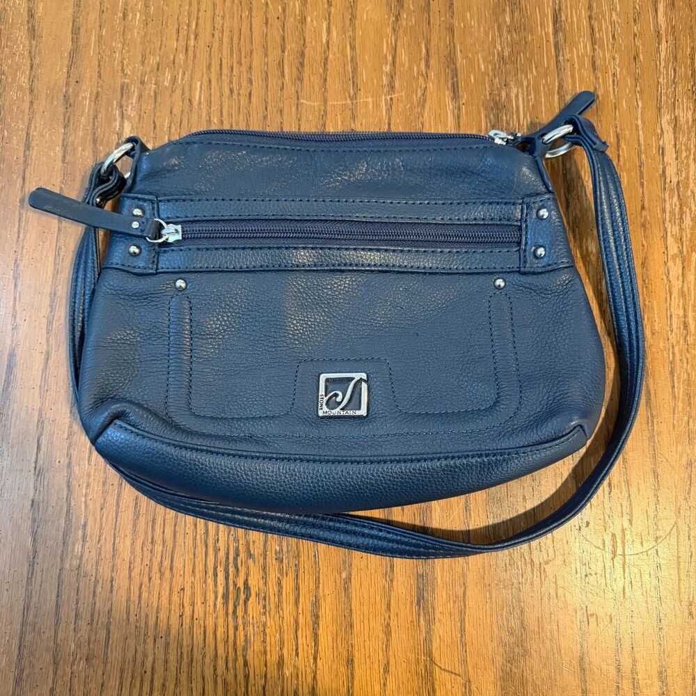 Stone Mountain Navy Blue Pebbled Leather Shoulder Bag Multi Pocket Purse